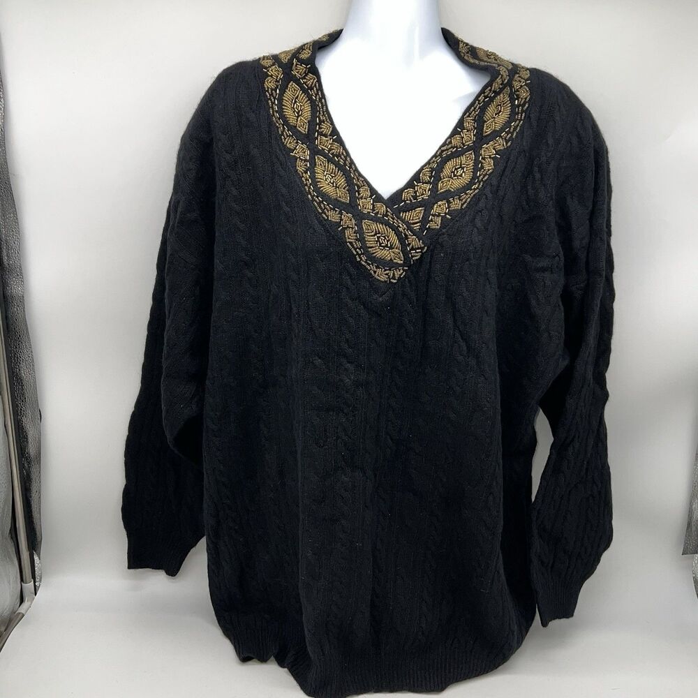 VTG Ivana Black/Gold Embellished Lambswool/Angora Rabbit Hair Sweater-Size XL